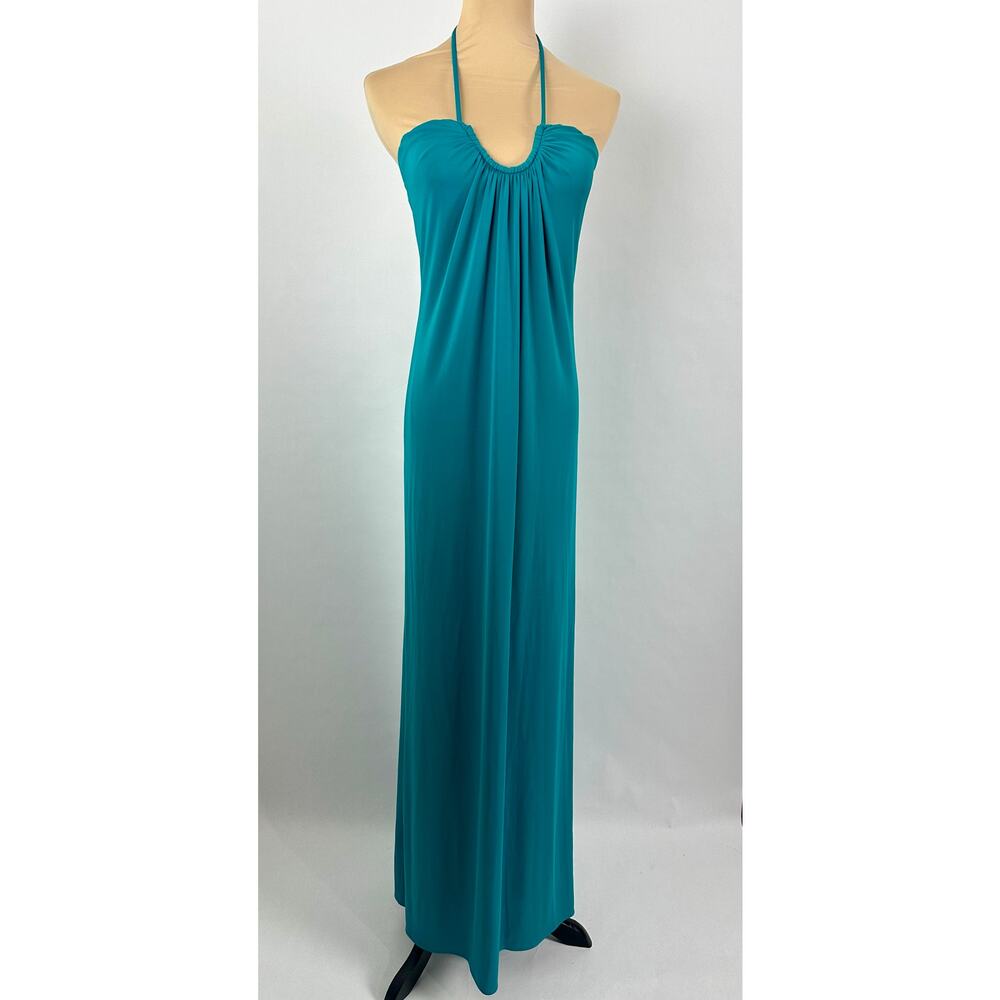 Trina Turk 90s Teal U-Ring Halter Liquid Satin Maxi Column Dress Blue Green S
